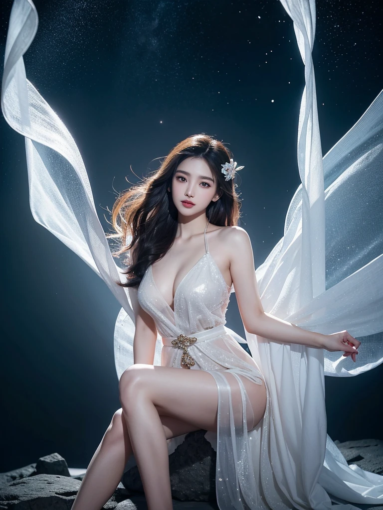 Romantic Rose White Dress 2, Deep in Wonderland,The moonlight falls like water,foggy room,The figure of the heroine is vaguely visible,Just like the fairy in the painting,Slender sexy legs,Very beautiful legs,Show sexy,Large Breasts,Beautiful with a hint of mystery。Her face is beautiful and delicate,Like finely carved jade,Showing otherworldly beauty。picturesque eyebrows,The waves in my eyes are like twinkling stars,Show the light of perseverance and wisdom。The bridge of the nose is straight,Lip color like cherry,The slightly raised corners of the mouth reveal confidence and calmness。Her face is chiseled,Skin as fair as jade,Reveal a healthy glow,like a fairy, She never eats fireworks in this world。Her makeup is light and delicate,No excessive embellishment,But enough to show her temperament and charm。Light-colored foundation brings out the transparency of the skin,A light eyebrow pencil outlines her perfect eyebrow shape,Eye makeup is eye shadow and eyeliner,Make her eyes brighter and more energetic。嘴唇涂上elegant的口红,Adds a bit of charm and sophistication。她白色透明的衣服elegant别致,Clothes flying,It seems like it will be blown up by the wind at any time,drifting into the distance。既不失elegant,Also showed off her extraordinary skills。A wide belt is tied around the waist,There is a crystal clear jade pendant hanging on it,Swinging with her movements。Her hair is tied back casually,Protect it with hostas,A few strands of hair flutter gently in the wind,Adds a bit of softness。Her figure is looming in the fairyland,宛如一道Large Breasts Beautiful的风景线,Attracted everyone's concern。She seems to be a fairy in wonderland,Large Breasts Beautiful、elegant、mystery、and full of power。8k,beautiful hands、foot,like a fairy'Perfectly natural fingers,foot指。
