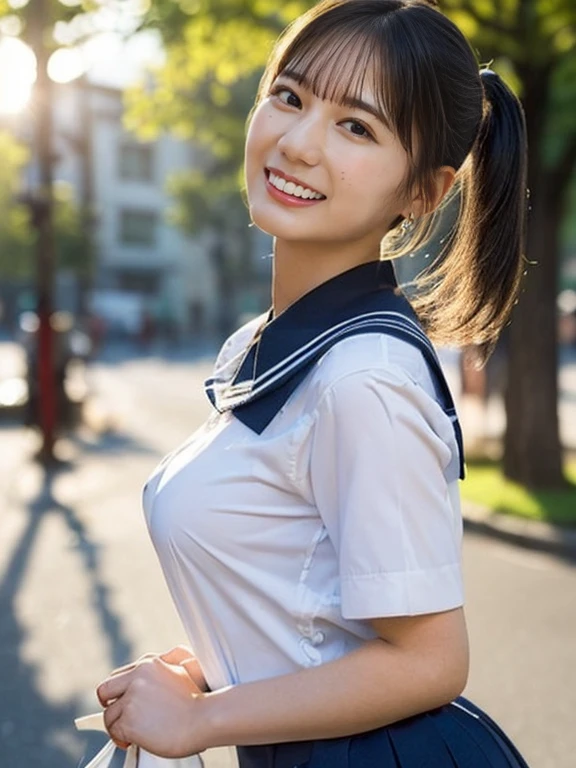 (highest quality,masterpiece:1.3,ultra high resolution),(Super detailed,caustics,8k),(photorealistic:1.4,RAW shooting),1girl,(smile and look down at the camera),(front shot:1.1),(face forward),1,cute,Japanese,black short ponytail,school uniform,small breasts,(big boobs),(close up),(breast focus),street,sunshine,Natural light,(Backlight),(A bright light shines from behind),(Lens flare),professional writing,(cowboy shot),(low position:1.3),(Low - Angle:1.3)