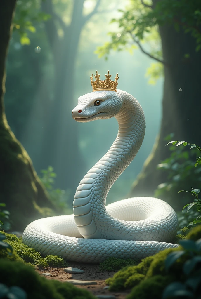 White snake wearing a crown、god秘的な森の中、Shiny scales、Symmetrical、god々Shii、Sunshine、