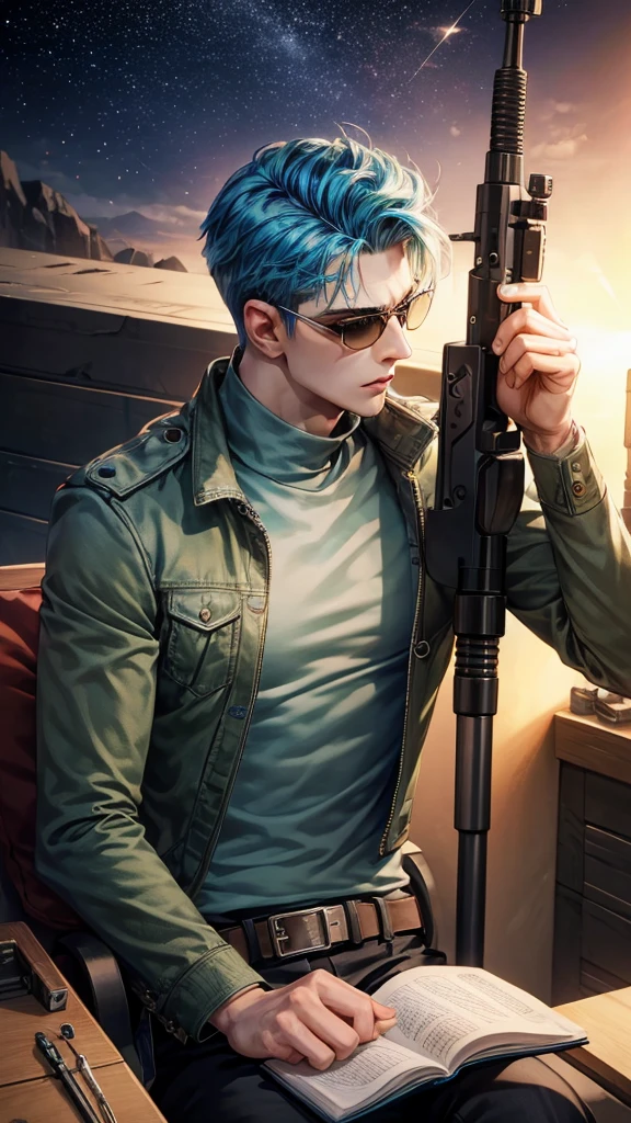 Best Qualitily, Masterpiece, A handsome young man, short and spiky blue hair, shiny and starry green eyes, pushing down sunglasses, looking upwards, sitting in a bunker filled with weapons and explosives caressing a sniper
