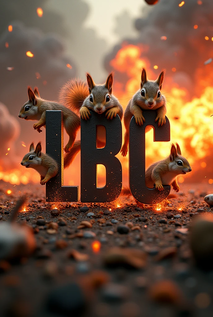 A logo with the initials "L.b.c" with realistic squirrels and violent explosions