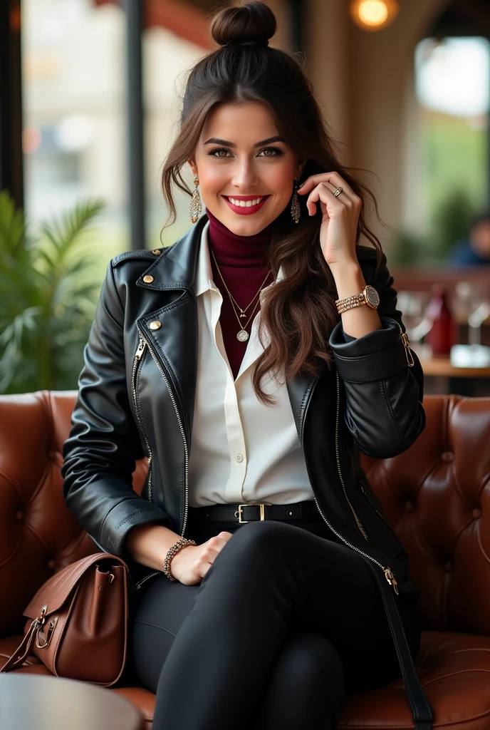 Full body beautiful white curvy hourglass body shape italian woman, 5'8" tall, medium top bun brown hair, deep brown round eyes, wearing close zipped up black black biker leather jacket, black straight pants, rolled up sleeves, zipping up jacket, up collar, collared white formal button down blouse under jacket, dark red turttleneck collar shirt under blouse, happy smile, sitting on sofa free at a cafe, high hill sandals, summer sunny day, bag, watch and bracelet, neck chain, ear rings, red lips, crossing legs, hand fixing the hair