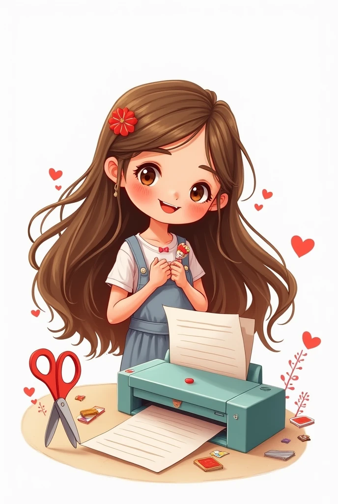 A cute and charming girl with long brown hair The light pink scissors and charming printer Kids Drawing White background