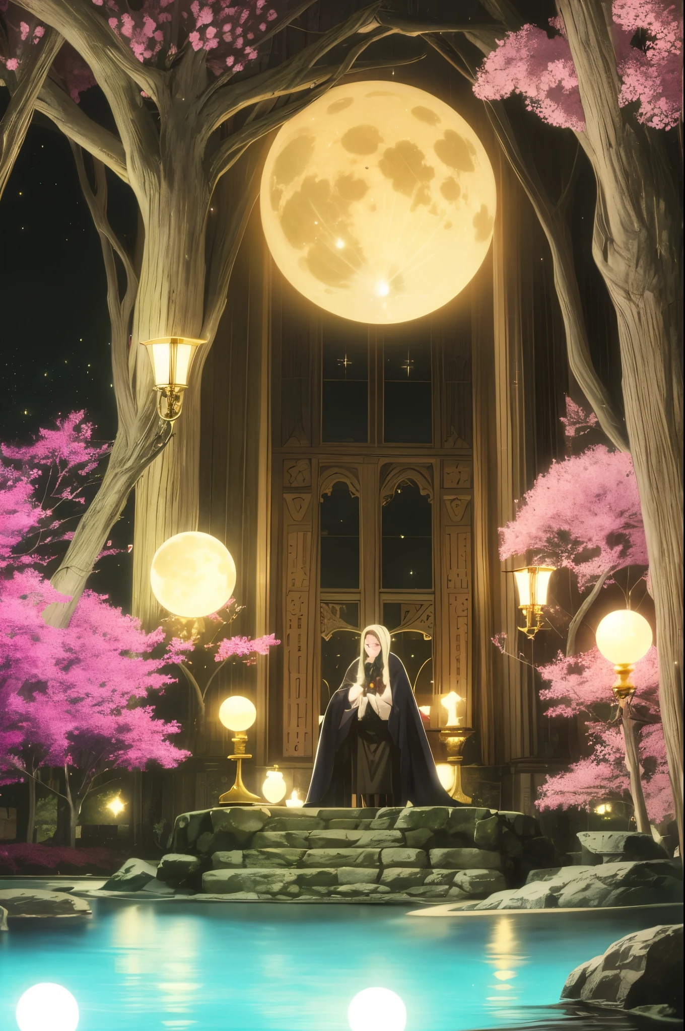 a witch casting a spell with a pentagram. colorful, glitter, sparkles, magic lights, lots of flowers, full moon, magic water