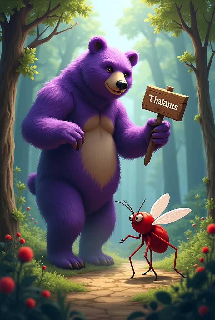 a purple grizzly bear, with a sign that says Thalamus, and that he is fighting against a red mosquito, and the mosquito has a sign that says Malaria. Let it be in a forest background.