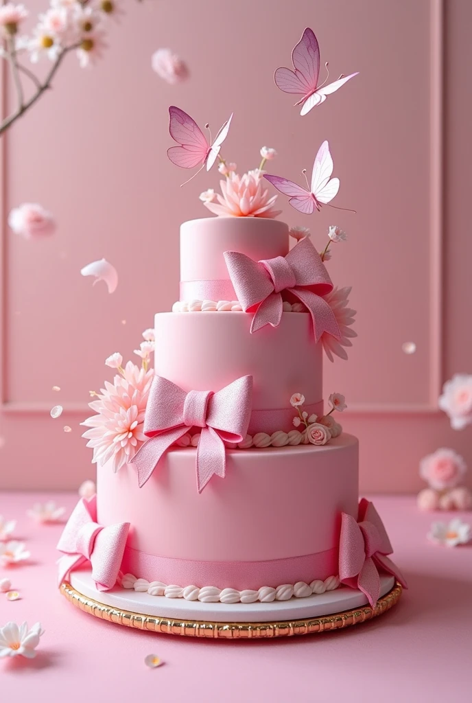 Make a 2 cm cake that is very fancy, has butterflies and bows, is well decorated, very fancy, really fancy, the most beautiful in the world, in pink.