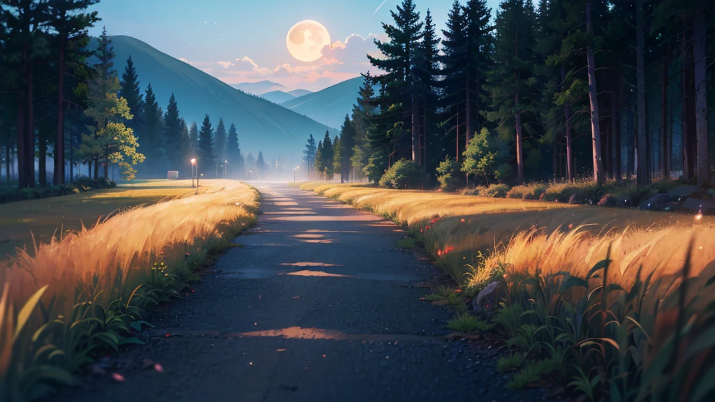 (Highest quality:1.2), Beautiful lo-fi minimalist vibe, Moonlit Path、Landscape Photography, Natural soft lighting, 8k resolution, shape, pastel four colors