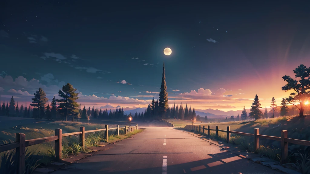 (Highest quality:1.2), Beautiful lo-fi minimalist vibe, Moonlit Path、Landscape Photography, Natural soft lighting, 8k resolution, shape, pastel four colors