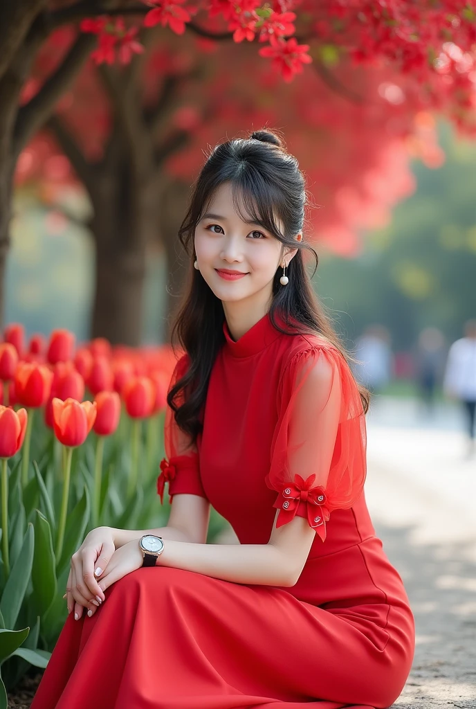 Beautiful Korean Women , smooth white skin, well-groomed face,Korean style updo with bangs,knee length dress, transparent short balloon sleeve,,left and right sleeves with butterfly motif ribbons,the color of the clothes is bright red, white shoes, luxury watch, smiled faintly, posing sitting under a red bougainvillea tree. in the city park,Hugging.,,(kucing anggora berukuran sangat besar,next to the red tulips blooming with a beautiful bokeh background, Realistic original photo.