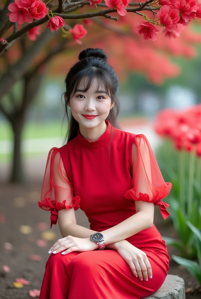 Beautiful Korean Women , smooth white skin, well-groomed face,Korean style updo with bangs,knee length dress, transparent short balloon sleeve,,left and right sleeves with butterfly motif ribbons,the color of the clothes is bright red, white shoes, luxury watch, smiled faintly, posing sitting under a red bougainvillea tree. in the city park,Hugging.,,(kucing anggora berukuran sangat besar,next to the red tulips blooming with a beautiful bokeh background, Realistic original photo. 