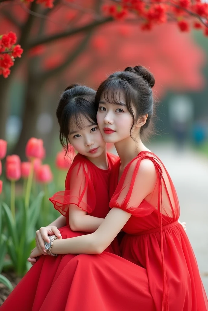 Beautiful Korean Women , smooth white skin, well-groomed face,Korean style updo with bangs,knee length dress, transparent short balloon sleeve,,left and right sleeves with butterfly motif ribbons,the color of the clothes is bright red, white shoes, luxury watch, smiled faintly, posing sitting under a red bougainvillea tree. in the city park,Hugging.,,(kucing anggora berukuran sangat besar,next to the red tulips blooming with a beautiful bokeh background, Realistic original photo. 
