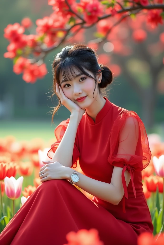 Beautiful Korean Women , smooth white skin, well-groomed face,Korean style updo with bangs,knee length dress, transparent short balloon sleeve,,left and right sleeves with butterfly motif ribbons,the color of the clothes is bright red, white shoes, luxury watch, smiled faintly, posing sitting under a red bougainvillea tree. in the city park,Hugging.,,(kucing anggora berukuran sangat besar,next to the red tulips blooming with a beautiful bokeh background, Realistic original photo.
