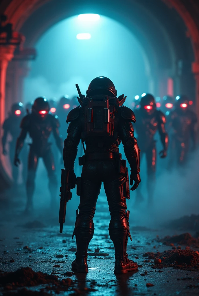 A colonial marine with his back turned in a dark tunnel, Illuminated by flashing blue and red lights that cast long, dramatic shadows. The Marine, dressed in futuristic armor and holding a plasma rifle, He is in a combat stance. The Xenomorphs, Terrifying creatures with glowing exoskeletons and gaping jaws, fill the tunnel corridor. Smoke rises from the ground, adding a sense of mystery and danger. The image is lowkey style, with acidic and saturated colors, and it must be very detailed. The image should capture the moment just before the action breaks out, with a focus on the tension and bravery of the marine.”