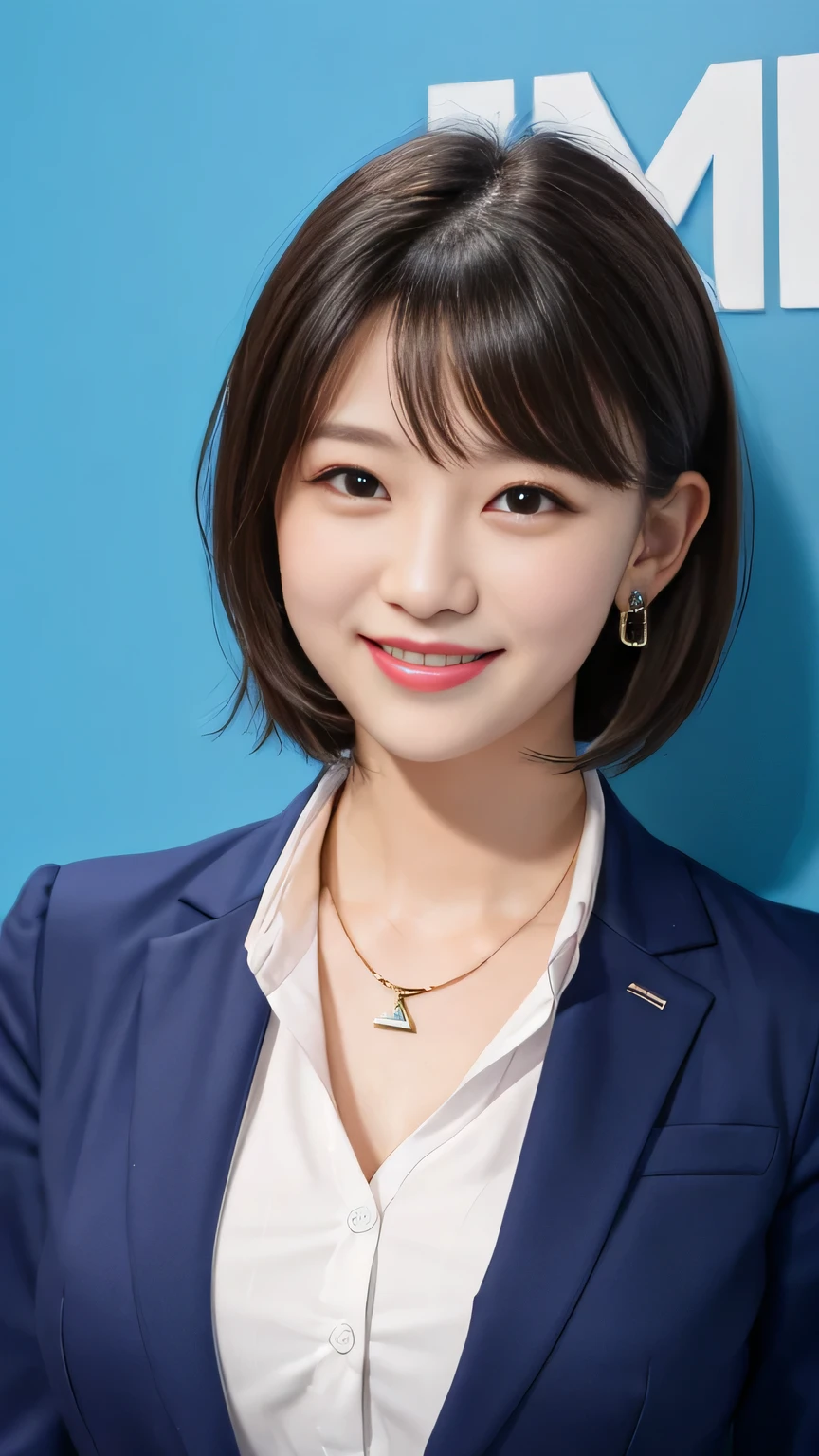 RAW Photos, High resolution, Very detailed, Intricate details, 、ear piercing、smile、short hair、Black Hair、Open your mouth a little、Clear beauty,(High quality fabric, Office Lady Suits 、Necklace around the neck、, The background is the office