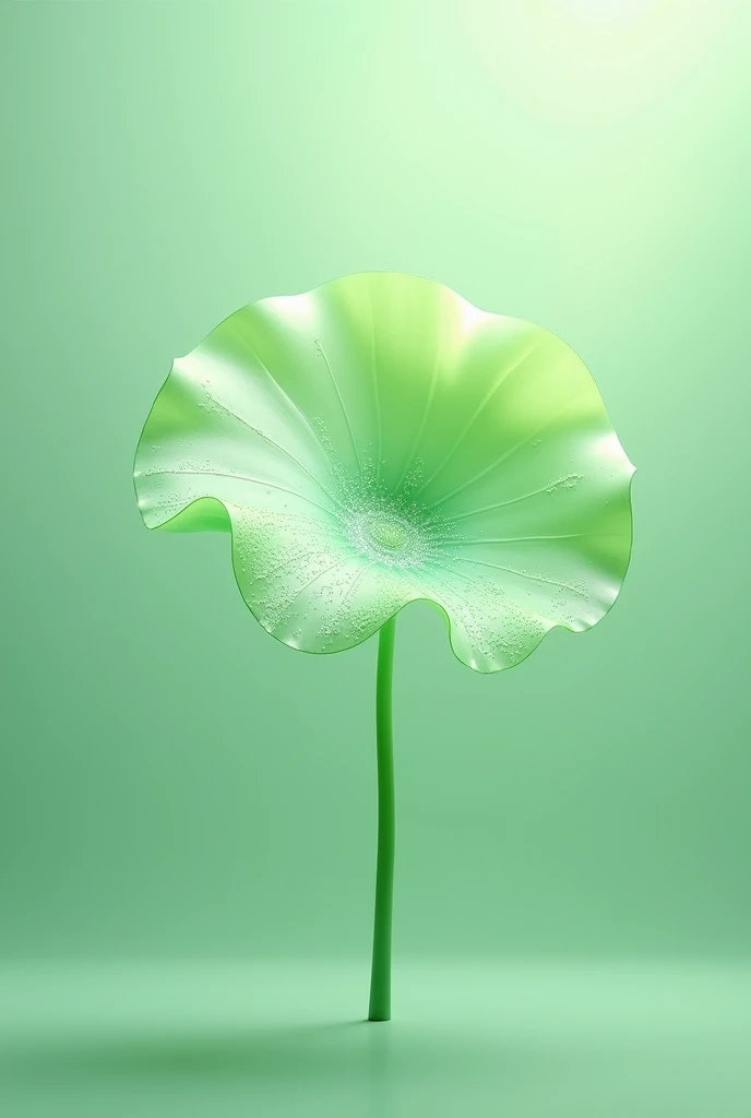 There is only one lotus leaf on the screen，The flowers are not blooming，Long stem，The lotus is made of jelly，Fresh light green，Morning dew glistens and there are many shiny droplets on the leaves.，No background