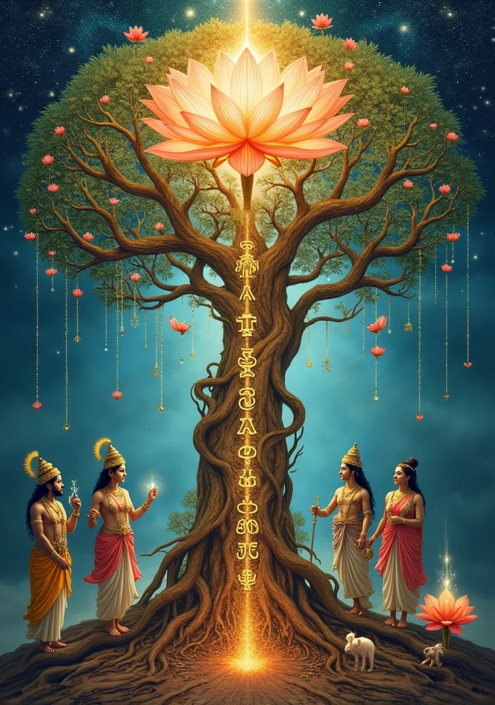 Create a 1440 x 2560 pixel image with the following elements:
1. At the top of the image, an aura of glory surrounding the 72 Jewish divine names, shining and radiating light.
2. down, an imposing Tree of Life, with the trunk displaying the 10 Sefirot in an artistic and clear way.
3. At the base of the Tree of Life, portray Krishna and Radha as lovers, in a pose of adoration and harmony, com Shiva, Parvati e Ganesha ao lado deles, representing union and protection.
4. Include Brahma and Saraswati near the tree, emanating wisdom and creativity.
5. At the top of the Tree of Life, a magnificent lotus flower, symbolizing purity and enlightenment.
6. Add a Sacred Krishna Tree Bag next to the tree, representing energy and sacredness.
7. The scene must be enveloped in a mystical and heavenly atmosphere, with intricate details that highlight the importance and spiritual beauty of the elements.