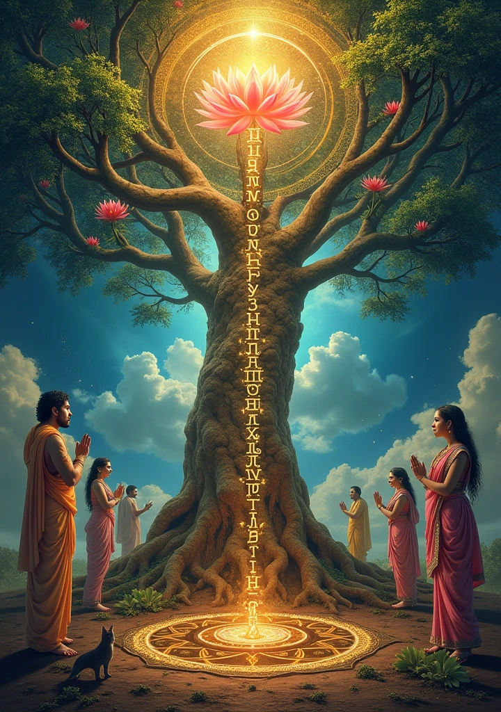 Create a 1440 x 2560 pixel image with the following elements:
1. At the top of the image, an aura of glory surrounding the 72 Jewish divine names, shining and radiating light.
2. down, an imposing Tree of Life, with the trunk displaying the 10 Sefirot in an artistic and clear way.
3. At the base of the Tree of Life, portray Krishna and Radha as lovers, in a pose of adoration and harmony, com Shiva, Parvati e Ganesha ao lado deles, representing union and protection.
4. Include Brahma and Saraswati near the tree, emanating wisdom and creativity.
5. At the top of the Tree of Life, a magnificent lotus flower, symbolizing purity and enlightenment.
6. Add a Sacred Krishna Tree Bag next to the tree, representing energy and sacredness.
7. The scene must be enveloped in a mystical and heavenly atmosphere, with intricate details that highlight the importance and spiritual beauty of the elements.