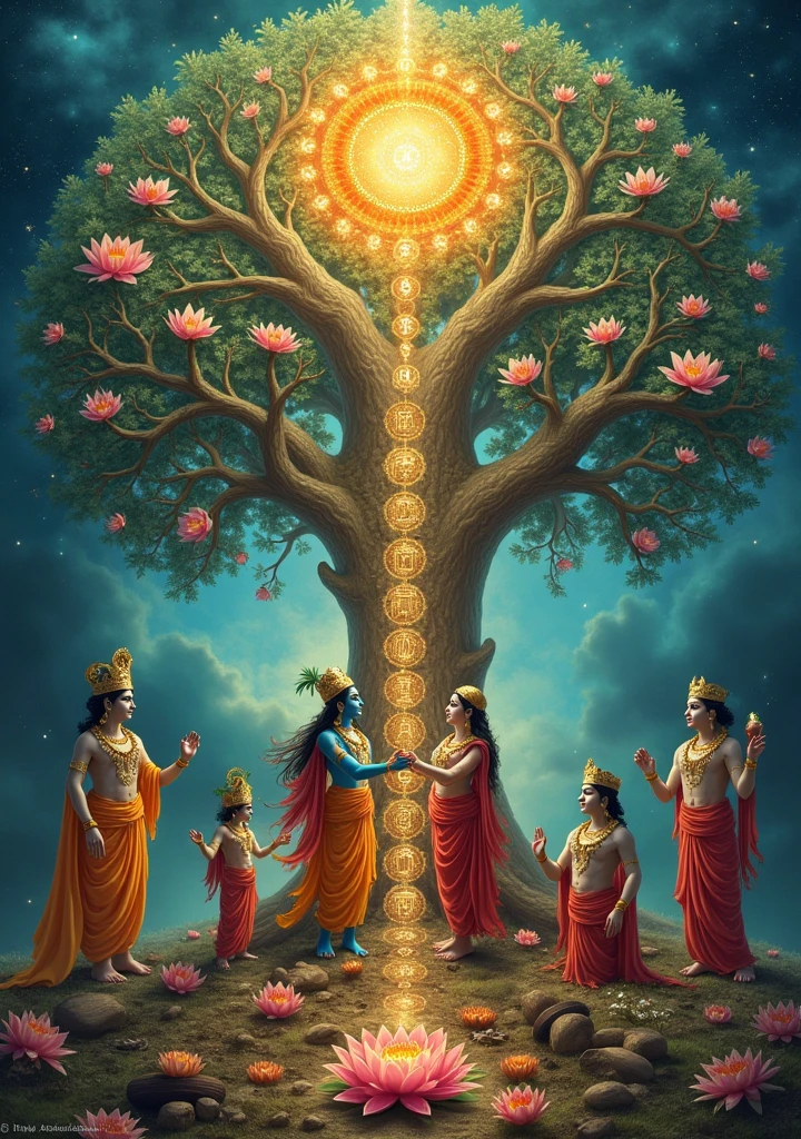 Create a 1440 x 2560 pixel image with the following elements:
1. At the top of the image, an aura of glory surrounding the 72 Jewish divine names, shining and radiating light.
2. down, an imposing Tree of Life, with the trunk displaying the 10 Sefirot in an artistic and clear way.
3. At the base of the Tree of Life, portray Krishna and Radha as lovers, in a pose of adoration and harmony, com Shiva, Parvati e Ganesha ao lado deles, representing union and protection.
4. Include Brahma and Saraswati near the tree, emanating wisdom and creativity.
5. At the top of the Tree of Life, a magnificent lotus flower, symbolizing purity and enlightenment.
6. Add a Sacred Krishna Tree Bag next to the tree, representing energy and sacredness.
7. The scene must be enveloped in a mystical and heavenly atmosphere, with intricate details that highlight the importance and spiritual beauty of the elements.