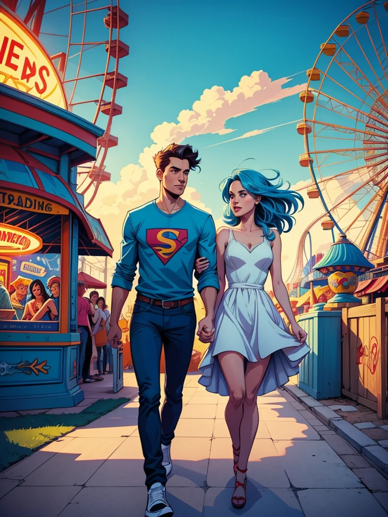 illustration, young couple of , hair blue, walking backwards and in front of them an amusement park, colored illustration, graphic novel style, comic style, , extremely detaild, High definition, High definitionR, 4K, work of art, high qualiy, high resolution, Breathtaking, awardwinning, proffesional
