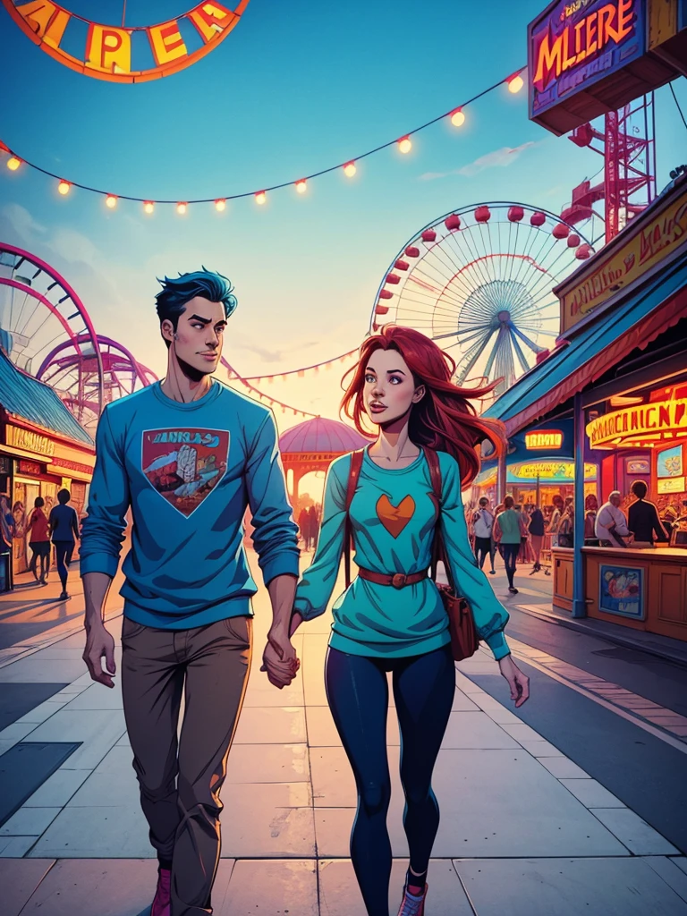 illustration, young couple of , hair blue, walking backwards and in front of them an amusement park, colored illustration, graphic novel style, comic style, , extremely detaild, High definition, High definitionR, 4K, work of art, high qualiy, high resolution, Breathtaking, awardwinning, proffesional