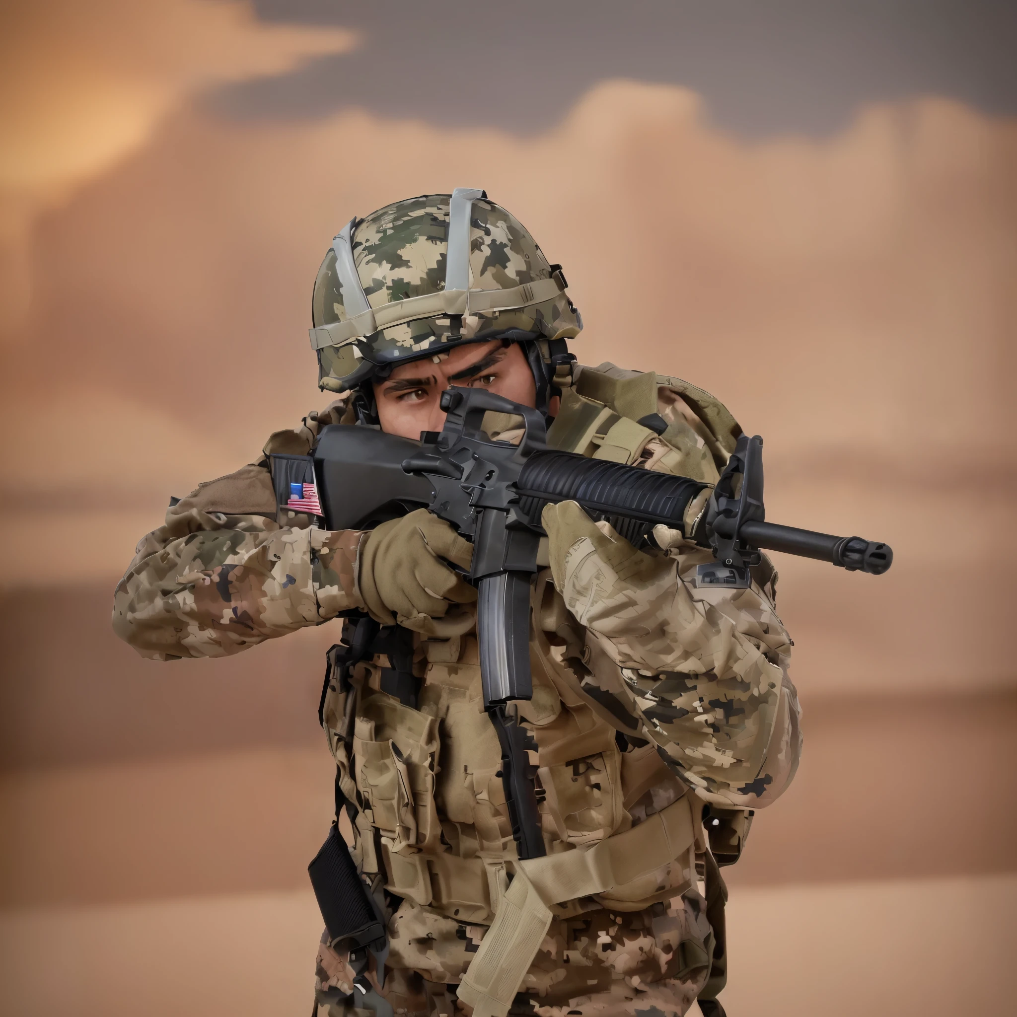 arafed soldier with a gun in his hand and a helmet on, a soldier aiming a gun, airsoft cqb, airsoft gun, shoulder mounted gun, man is carrying a rifle, wielding assault rifle, holding rifle, top shot, airsoft electric pistol, handling riffle on chest, military weaponry, battle action pose, holding a rifle, realistic soldiers, nighttime, US Military base invaded, war zone atmosphere.