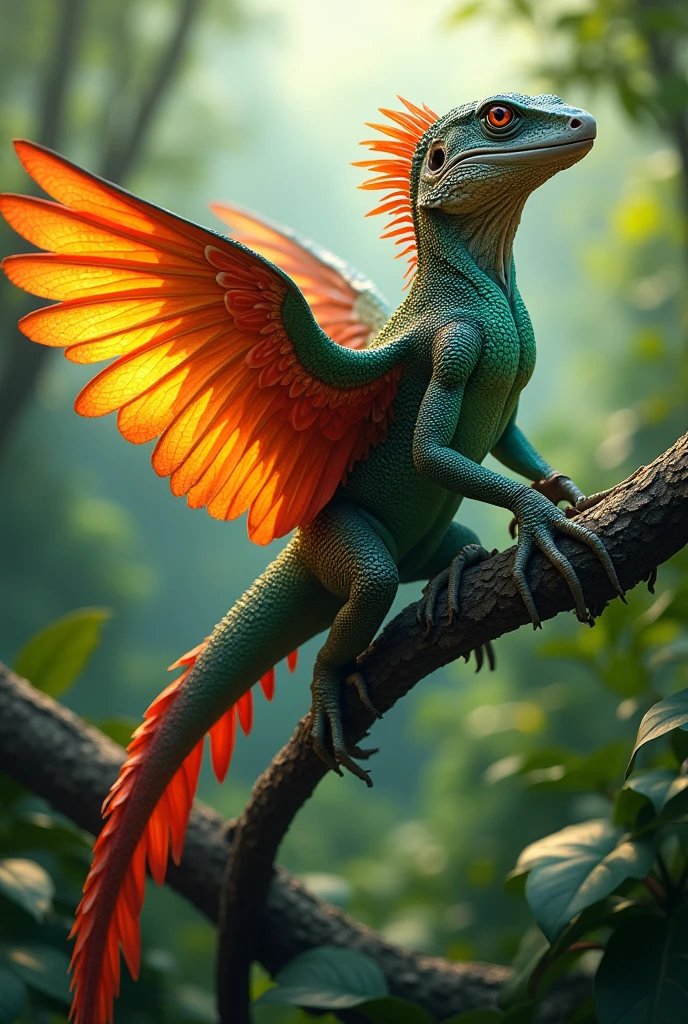 Visualize a fascinating genetic fusion between a lizard and a parrot. This creature should have the sleek, scaled body of a lizard, with vibrant, colorful feathers emerging along its spine and tail. Its head is a blend of both species, featuring the beak of a parrot with a lizard's sharp eyes and forked tongue. The creature's wings are a stunning combination of feathers and scales, allowing it to glide gracefully between trees in a tropical rainforest. The environment should be lush and full of 