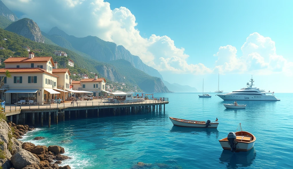 a rustic coastal town pier, view of the sea, fishing boats and a yacht in the water, clear and luminous day, cheerful and tranquil atmosphere, (best quality,4k,8k,highres,masterpiece:1.2),ultra-detailed,(realistic,photorealistic,photo-realistic:1.37),intricate details,dramatic lighting,vibrant colors,landscape,serene,peaceful,idyllic,picturesque