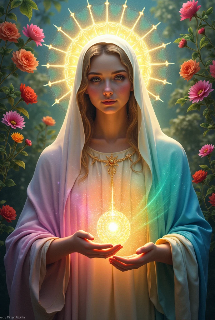god、Mary、surrounded by beautiful flowers、A rainbow-colored, mystical aura、beautiful and perfect face