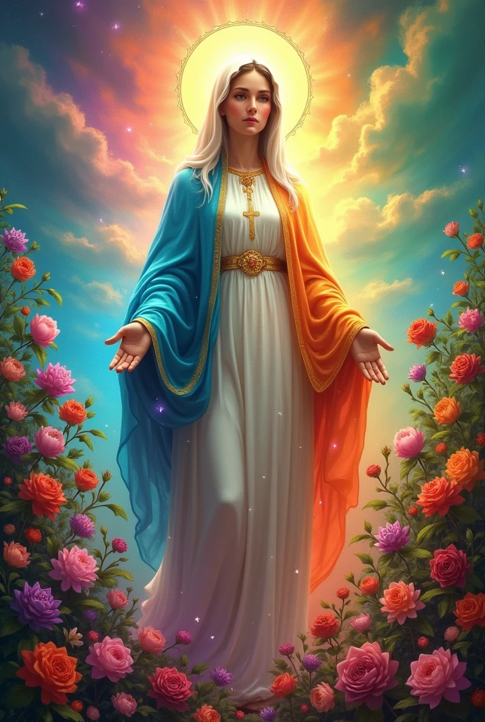 god、Mary、surrounded by beautiful flowers、A rainbow-colored, mystical aura、beautiful and perfect face