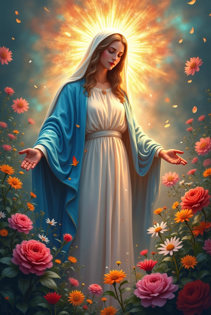 god、Mary、surrounded by beautiful flowers、A rainbow-colored, mystical aura、beautiful and perfect face