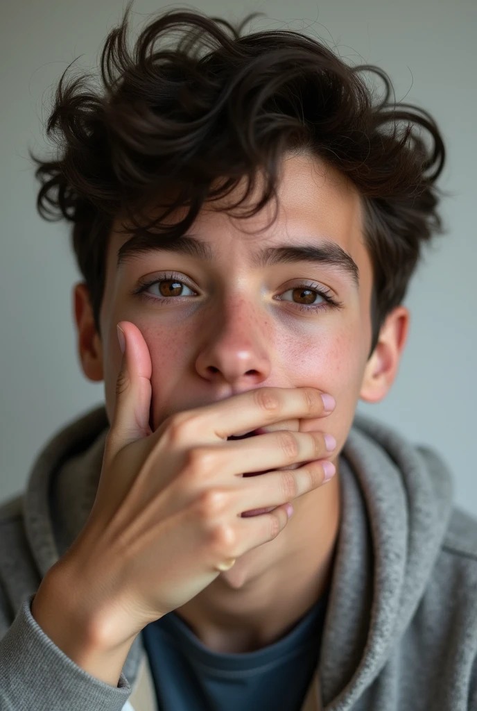 Photo of a handsome covering his mouth with his hand looking cute and SUPER MEGA IPER REALISTIC with dark brown eyes REALISTIC