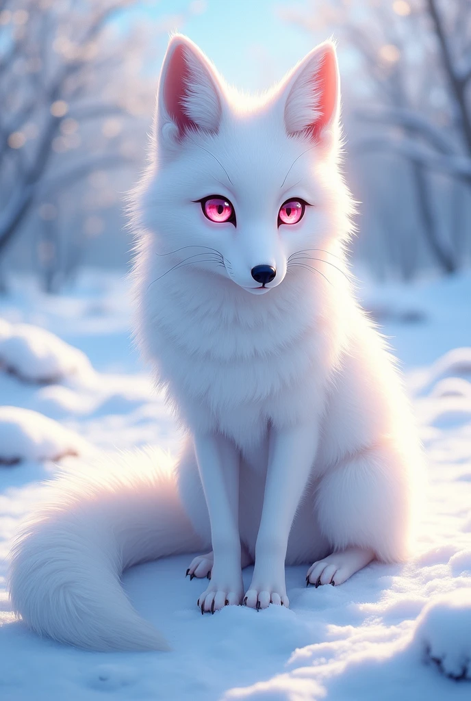 anime fox, snow white fur, pink eyes.