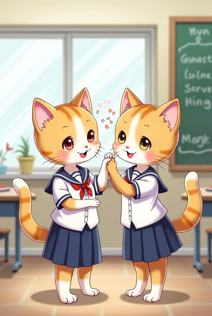 Cat in school dress with friend