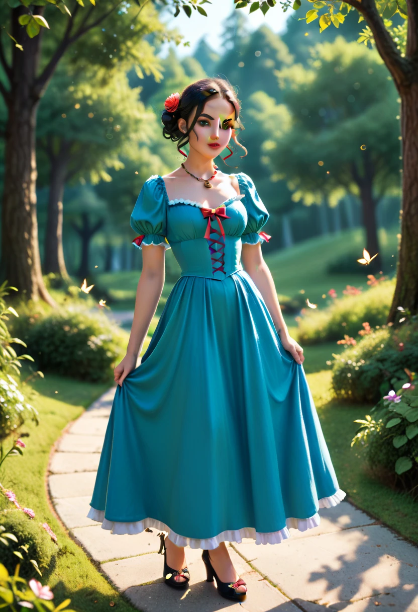 A serene young plumpish Caucasian woman standing elegantly in an enchanted forest. She has long super curly black hair, wearing a long intricately detailed plum colored medieval dress with a cape. The dress has tiny, faceted beads sewn onto it. She has beautiful eye makeup and rich, plum-colored lips. There are tiny fairies flying around her with tiny lights, and tiny fairies dancing around her at her feet. Bokeh background.