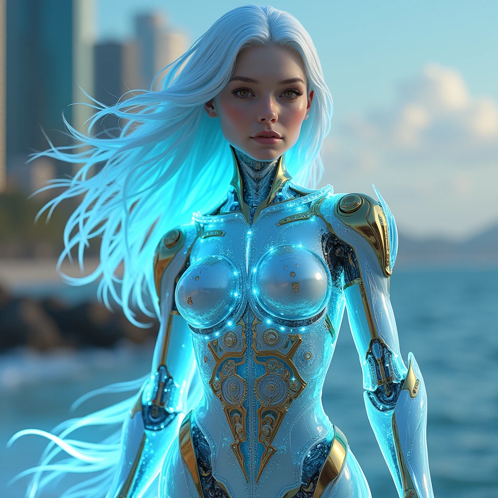 Ale1983$translucent white glowing glass blue body de frente de pé olhando pra frente ,joelho e coxa de ferro gold, neon showcasing the intricate lion gold ferro intertwined within. The cyborg's hazel eyes capture the viewer's attention, while her silver hair and wide hips exude an air of elegance. beach sea serves as a backdrop, reflecting the black glow emanating from the top model body. The hyperdetailed ultrarealistic face and fluid movement create a sense of depth and realism. The image is a mesmerizing blend of fashion photography, 3D render, and portrait photography, capturing the beauty and complexity of this captivating character., 3d render, photo, portrait photography , body de frente de pé olhando pra frente ,joelho e coxa de ferro prateado, neon showcasing the intricate clockwork mechanics and water gold intertwined within. The cyborg's hazel eyes capture the viewer's attention, while her gold hair and wide hips exude an air of elegance. The futuristic cityscape serves as a backdrop, reflecting the roxo glow emanating from the cyborg's body. The hyperdetailed ultrarealistic face and fluid movement create a sense of depth and realism. The image is a mesmerizing blend of fashion photography, 3D render, and portrait photography, capturing the beauty and complexity of this captivating character., 3d render, photo, portrait photography