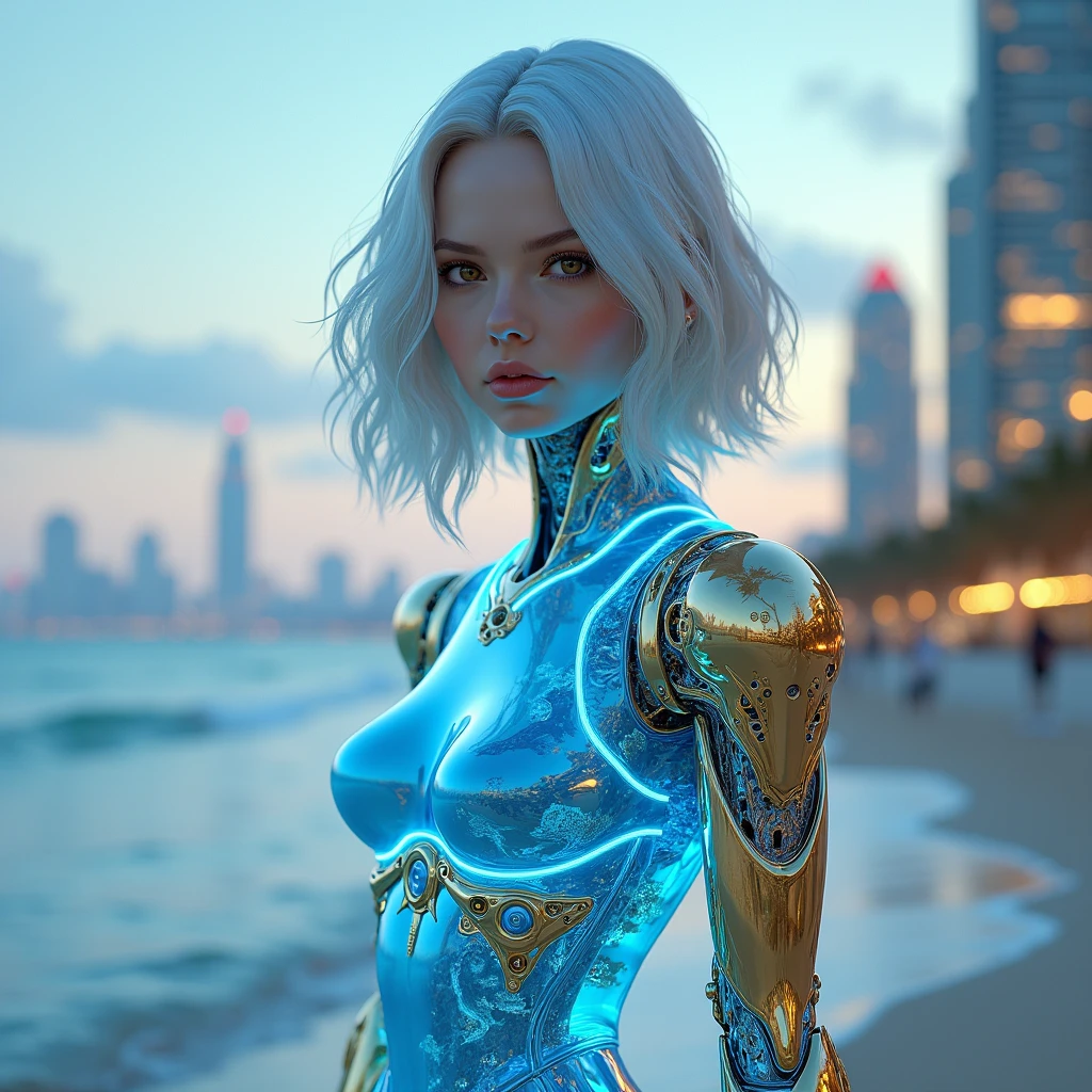 Ale1983$translucent white glowing glass blue body de frente de pé olhando pra frente ,joelho e coxa de ferro gold, neon showcasing the intricate lion gold ferro intertwined within. The cyborg's hazel eyes capture the viewer's attention, while her silver hair and wide hips exude an air of elegance. beach sea serves as a backdrop, reflecting the black glow emanating from the top model body. The hyperdetailed ultrarealistic face and fluid movement create a sense of depth and realism. The image is a mesmerizing blend of fashion photography, 3D render, and portrait photography, capturing the beauty and complexity of this captivating character., 3d render, photo, portrait photography , body de frente de pé olhando pra frente ,joelho e coxa de ferro prateado, neon showcasing the intricate clockwork mechanics and water gold intertwined within. The cyborg's hazel eyes capture the viewer's attention, while her gold hair and wide hips exude an air of elegance. The futuristic cityscape serves as a backdrop, reflecting the roxo glow emanating from the cyborg's body. The hyperdetailed ultrarealistic face and fluid movement create a sense of depth and realism. The image is a mesmerizing blend of fashion photography, 3D render, and portrait photography, capturing the beauty and complexity of this captivating character., 3d render, photo, portrait photography