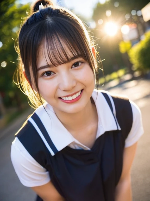 (highest quality,masterpiece:1.3,ultra high resolution),(Super detailed,caustics,8k),(photorealistic:1.4,RAW shooting),1girl,(smile and look down at the camera),(front shot:1.1),(face forward),1,cute,Japanese,black short ponytail,school uniform,(small breasts:1.3),(big boobs),(close up),(breast focus),street,sunshine,Natural light,(Backlight),(A bright light shines from behind),(Lens flare),professional writing,(cowboy shot),(low position:1.3),(Low - Angle:1.3)