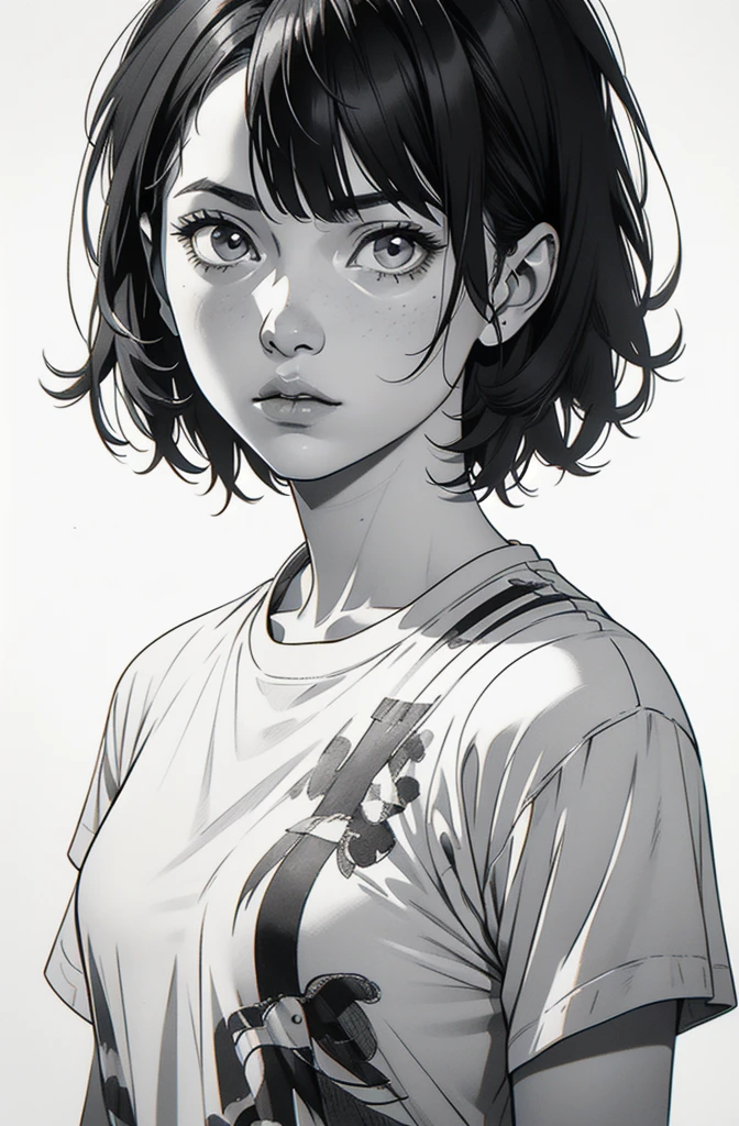 1 boyish girl, solo, sharp eyes, expressionless, monochrome, greyscale, short black hair, portrait, white T-shirt, closed mouth, (looking at viewer), graphite \(medium\), detailed lips, hatching \(texture\), without makeup, bangs, (upper body), (best illustration), (best quality), (very detailed), (masterpiece), expressionless,