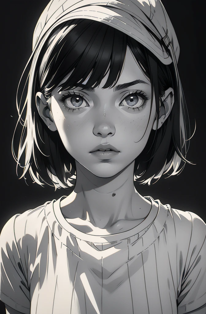 1 boyish girl, solo, sharp eyes, expressionless, monochrome, greyscale, short black hair, portrait, white T-shirt, closed mouth, (looking at viewer), graphite \(medium\), detailed lips, hatching \(texture\), without makeup, bangs, (upper body), (best illustration), (best quality), (very detailed), (masterpiece), expressionless,