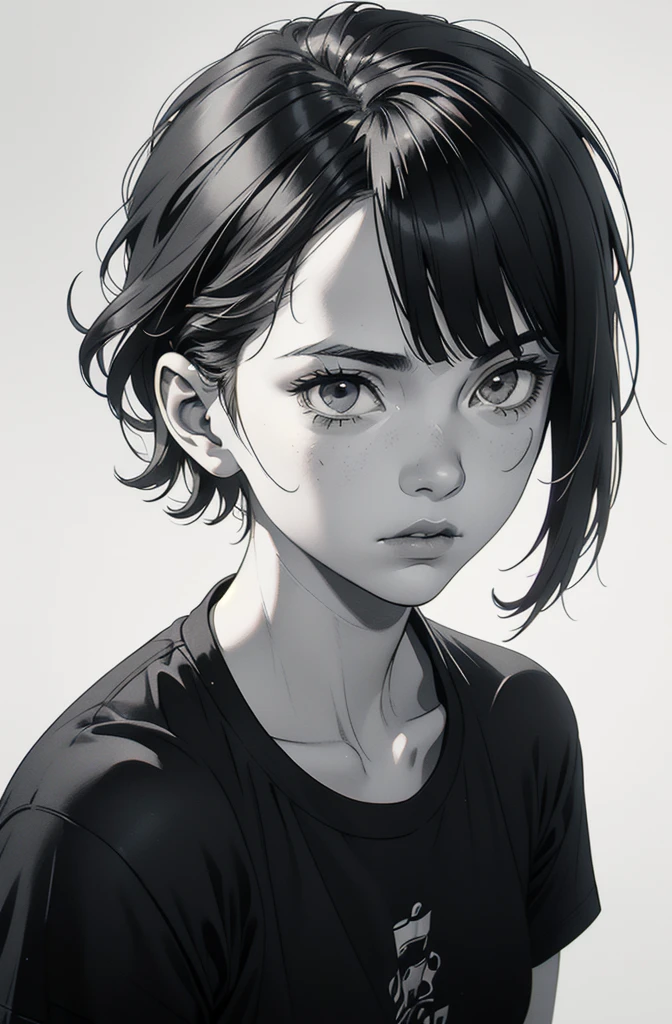 1 boyish girl, solo, sharp eyes, expressionless, monochrome, greyscale, short black hair, portrait, white T-shirt, closed mouth, (looking at viewer), graphite \(medium\), detailed lips, hatching \(texture\), without makeup, bangs, (upper body), (best illustration), (best quality), (very detailed), (masterpiece), expressionless,