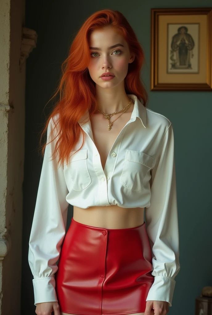 A redhead girl wearing a white blouse and an extremely short and tight red leather miniskirt, beautiful young model, with Mexican background Model, inspired by Ignacy Witkiewicz,film suit photo, cute young girl, LUTS, young girl, frown Modelo, russian white clothes, Style of Julia Razumova