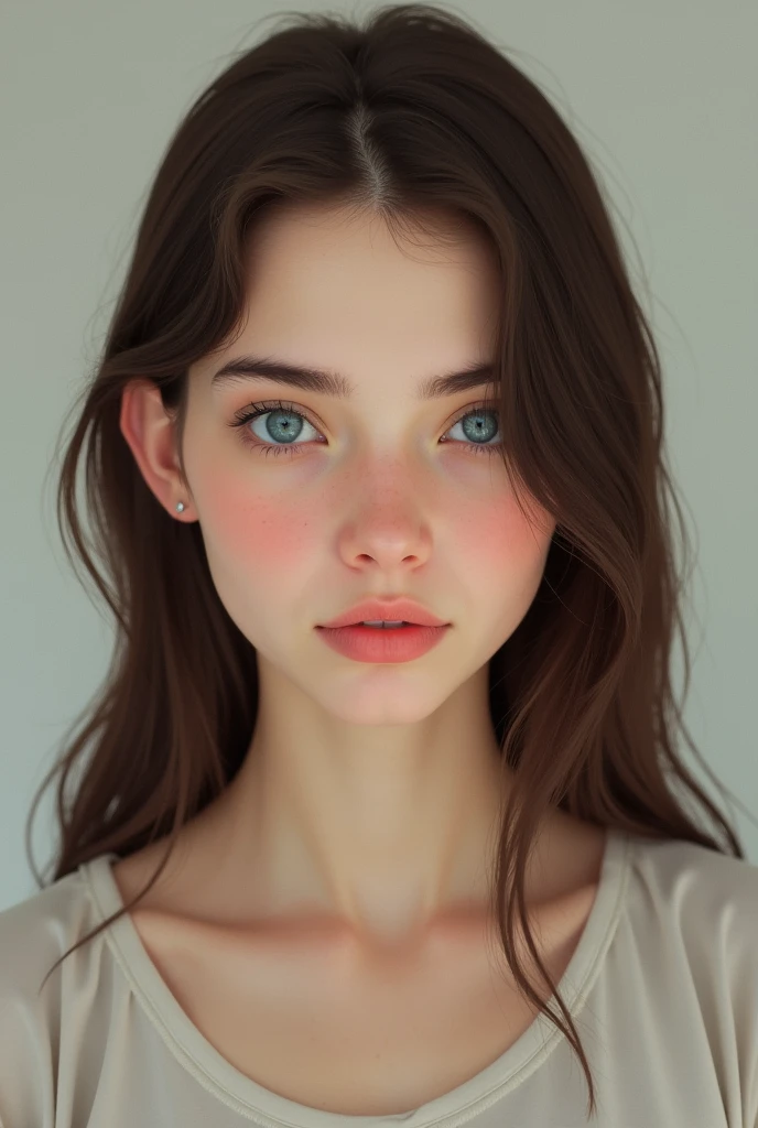Young woman, modest, Ordinary appearance, Blue eyes, Brown hair, straight nose,