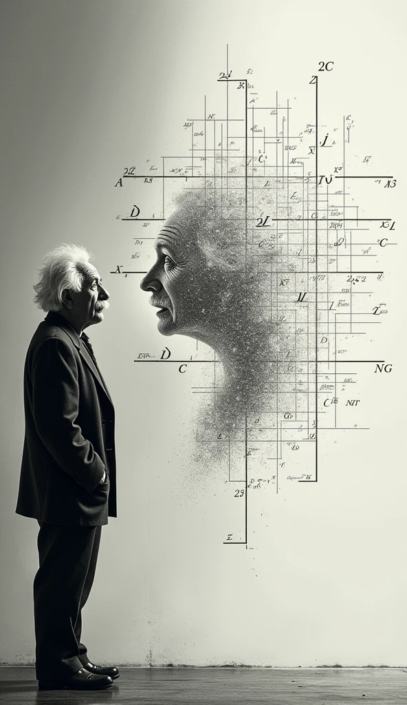Speedy Equation Transformation**: A split-image showing a complex equation transforming into a simple solution in 20 seconds, with Einstein observing the process.