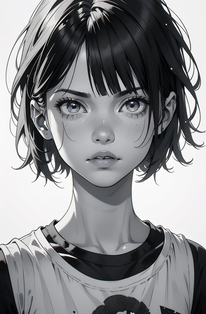 1 boyish girl, solo, sharp eyes, expressionless, monochrome, greyscale, short black hair, portrait, white T-shirt, closed mouth, (looking at viewer), graphite \(medium\), detailed lips, hatching \(texture\), without makeup, bangs, (upper body), (best illustration), (best quality), (very detailed), (masterpiece), expressionless,