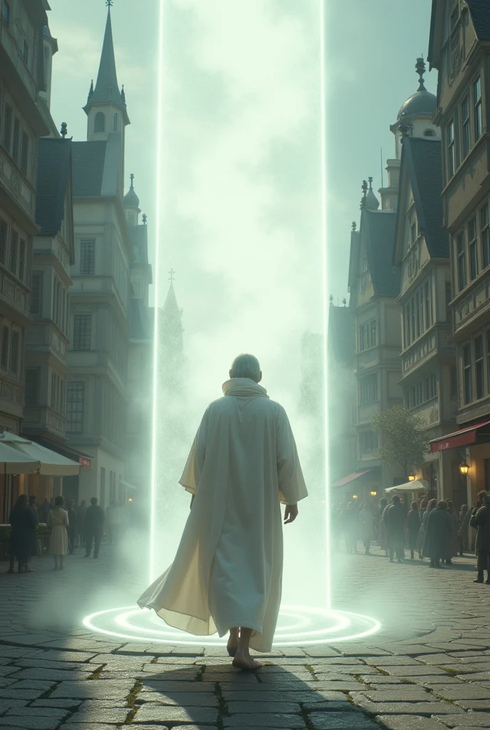 Spiritual man dressed in white emerging from a mist-shaped portal, in a large square in a town 
