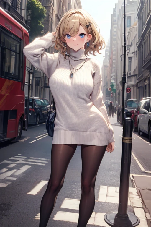 (NSFW)、((Highest quality、Very detailed、Beautiful lighting、Very detailed顔、Very detailed目、Depth of subject、Prime Lenses、masterpiece))、(Blonde、Blue Eyes、short hair、Wavy Hair、hairpin、Earrings、necklace、bracelet)、(Beautiful legs、Large Breasts)、(((white tight sweater、turtleneck、Black Stockings、High heels)))、((Sweating profusely、Wet))、(((Body odor)))、(Detailed Background、London cityscape、Full body photo、Magazine Snaps)、The best smile、((Sweat stains))、Black panties