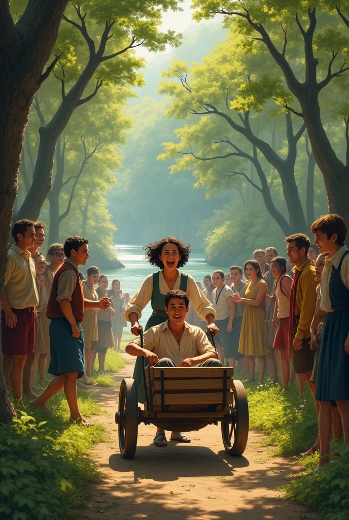 "Generate a realistic image inspired by an old painting where a woman is pulling a man in a cart. The scene should take place in a lush, forested area with large trees and a serene river in the background. Surround the central figures with a group of people standing around, all laughing and smiling. The crowd should be diverse, with different ages and ethnicities, and their expressions should be filled with joy and amusement. The color tones should be warm and natural, with realistic lighting that enhances the details of the figures, trees, and landscape. The overall mood of the image should blend the historical feel of the original painting with the lively, contemporary presence of the laughing onlookers."
