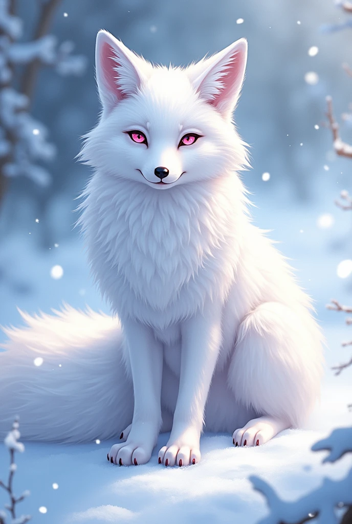 anime fox, snow white fur, pink eyes.