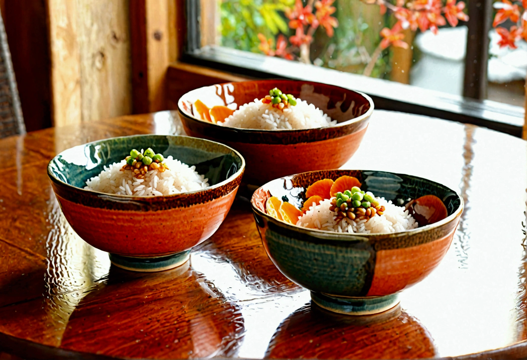 pair of rice bowls, slightly different size on a table