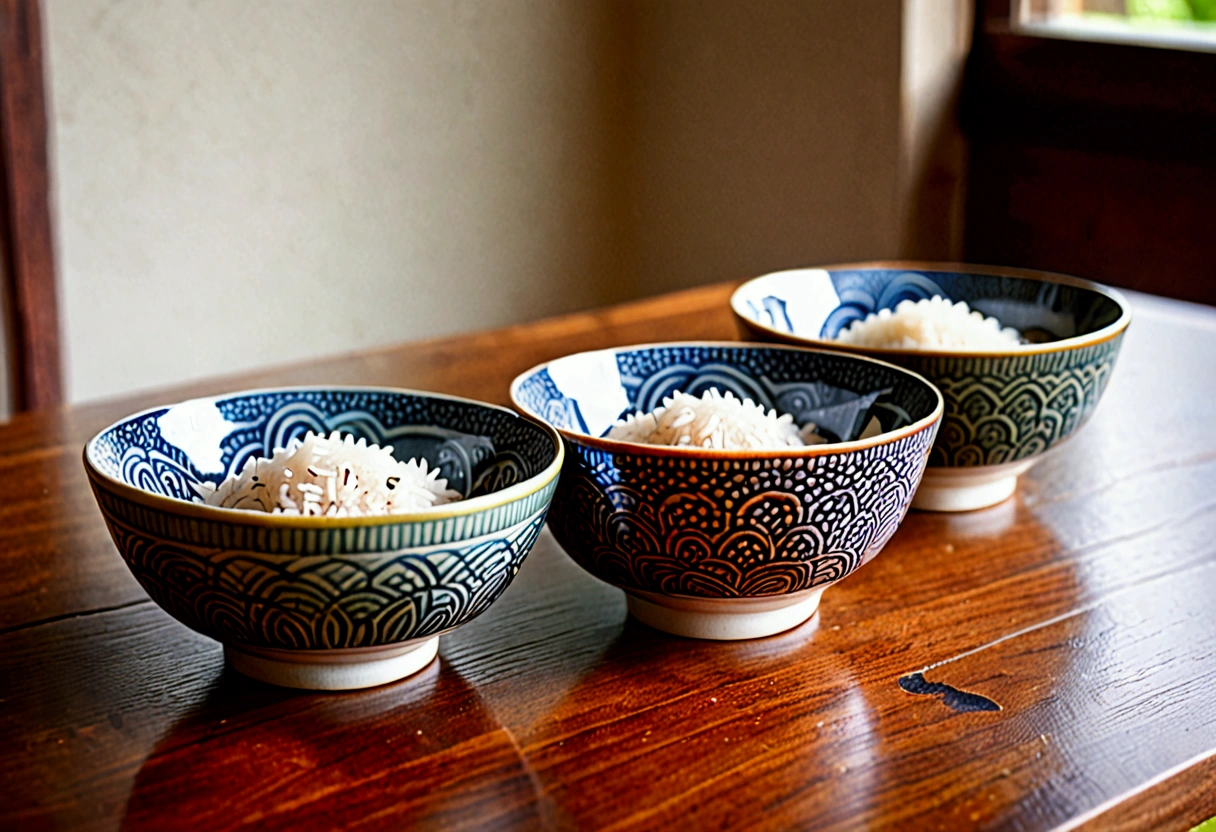 pair of rice bowls, slightly different size on a table